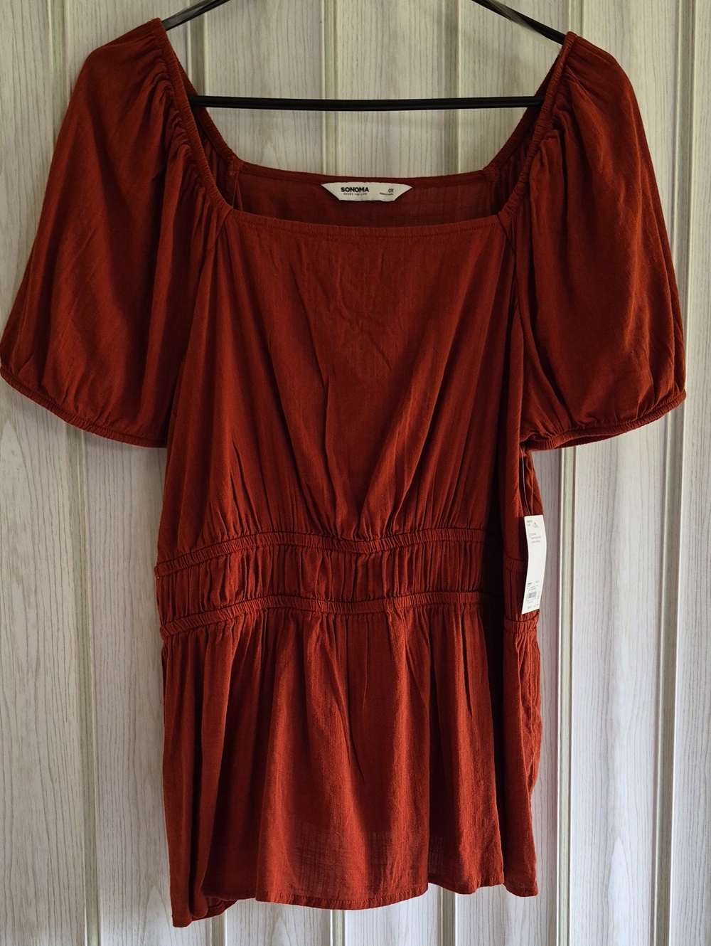 Sonoma Brick Red Smocked Waist Peasant Top